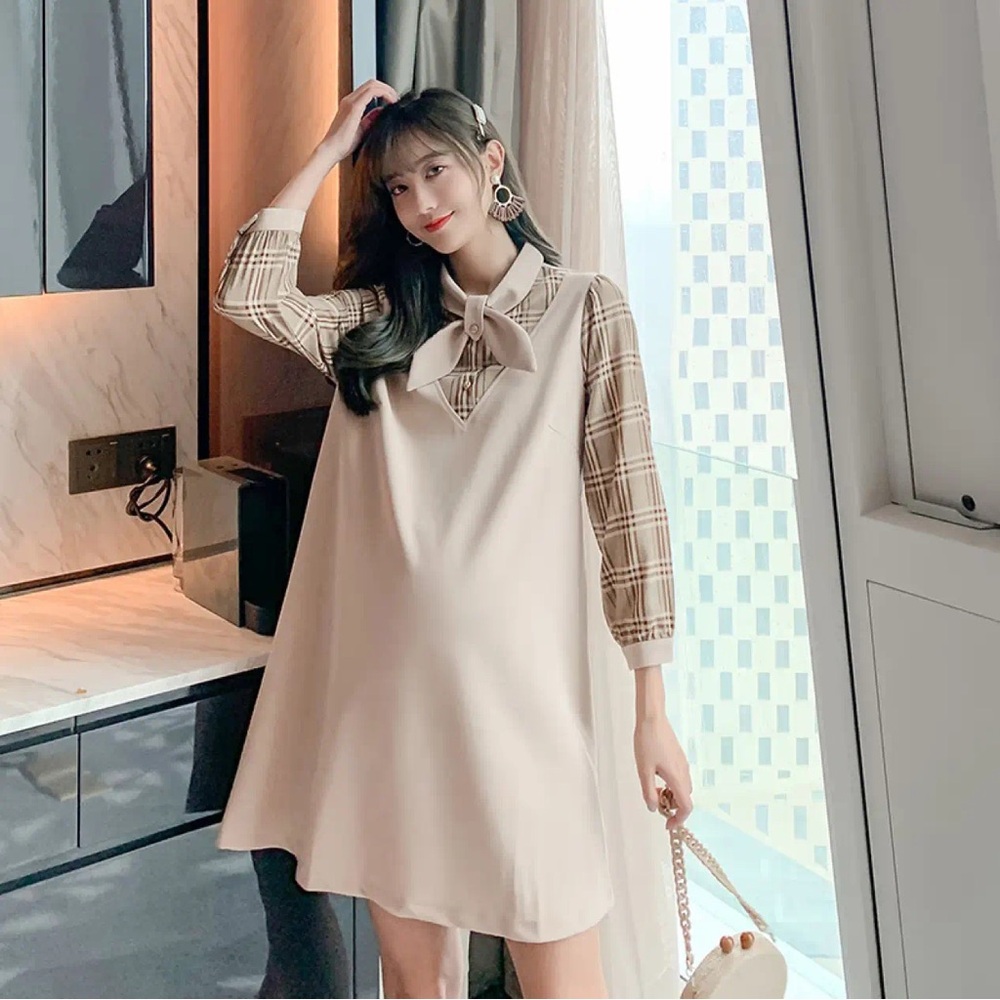 Women Maternity Plaid Sleeve Bow Tie Dress Size: S/M